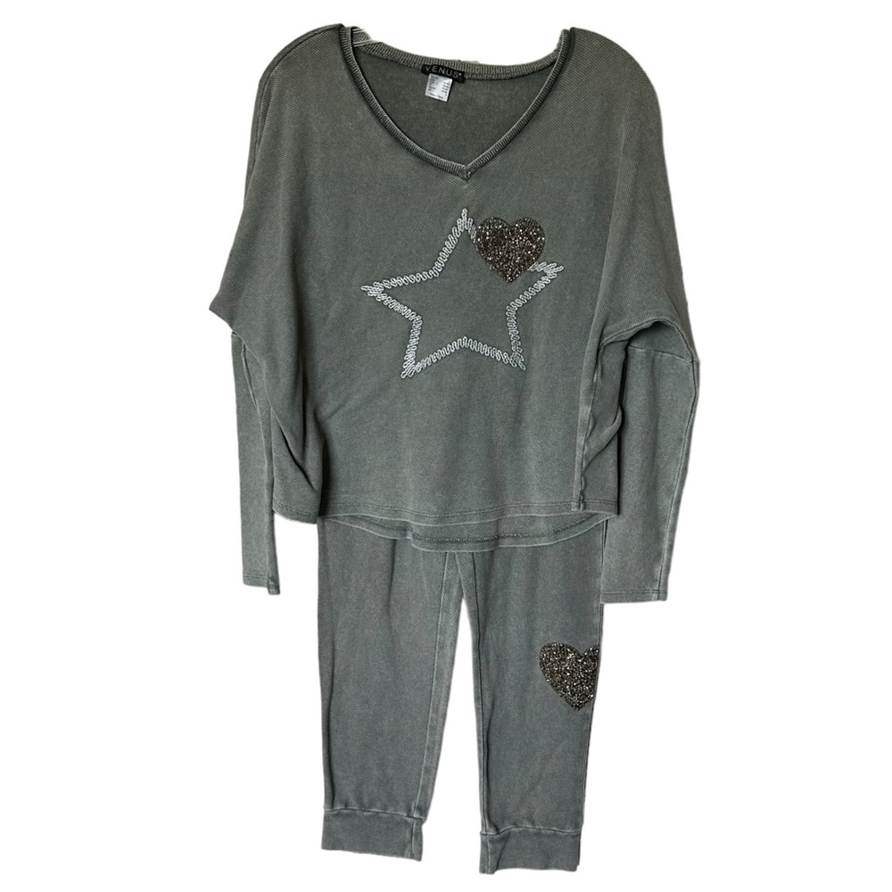 Venus Stone Wash Gray Stars Heart Lounge Set Size Small